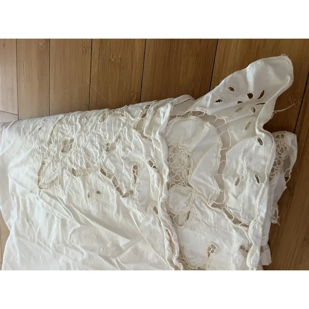 Vintage Cotton Full Beige Flat Sheet Embroidered Floral Crochet French Country